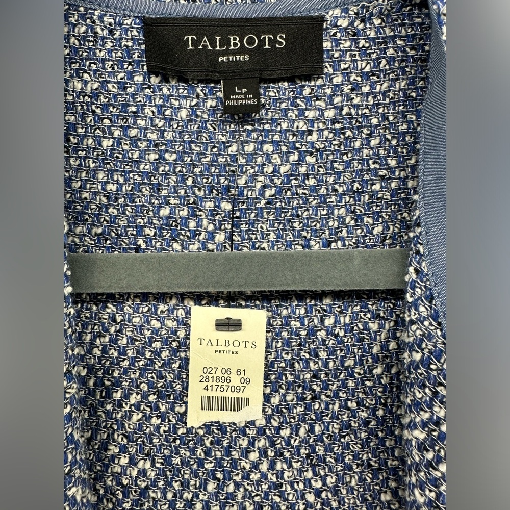 Talbots Blue Tweed Drape Open Front Blazer Classic Womens Size L Petite NEW - Picture 6 of 8